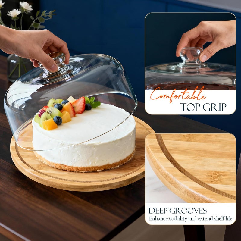 Masthome Bamboo Christmas Cake Stand with Lid, Rotating Cake Holder with Dome, Dessert Table Display Set with Clear Cover, BPA Free Cake Plate with Cover for Birthday/Kitchen/Party/Charcuterie - Image 5