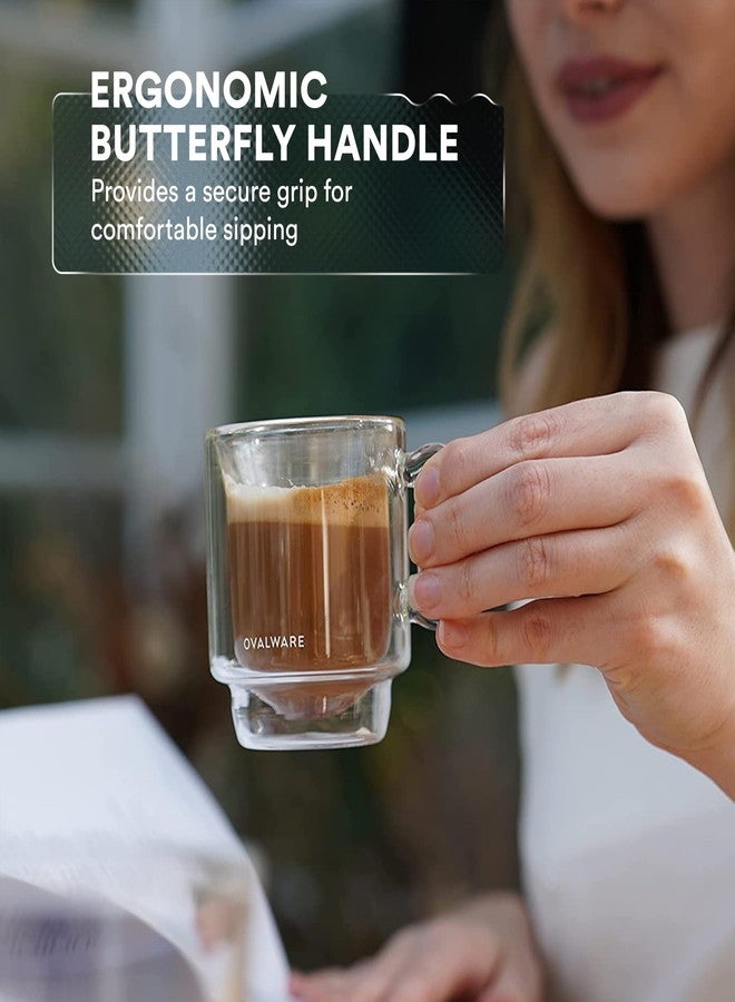ovalware RJ3 Espresso Coffee Cups 4oz/120ml (Set of 2) Double-Walled Cup w/Solid Butterfly Handle - Elegant Borosilicate Espresso Shot Mug - Stackable Insulated Transparent Demitasse - Image 5