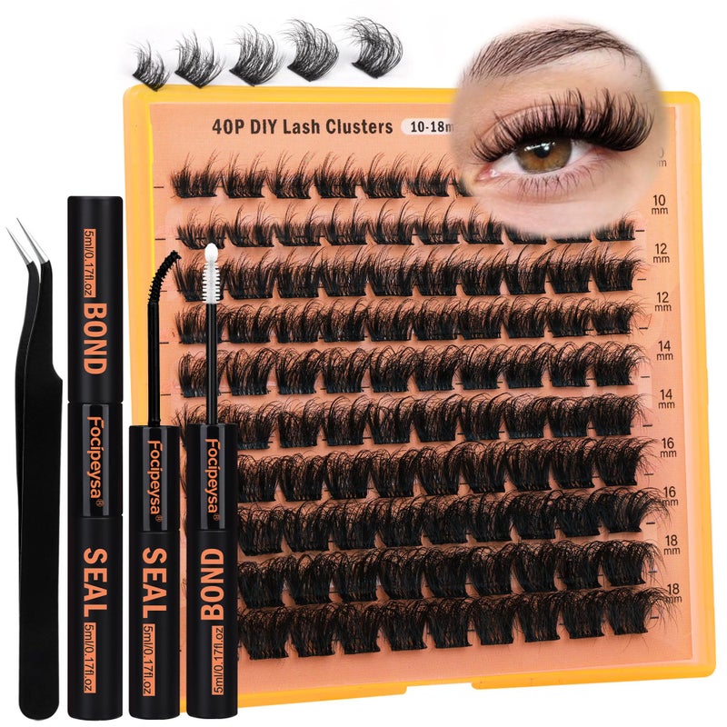 Focipeysa Thick Lash Extension Kit Full Volume Lash Clusters 40P Eyelash Extension Kit DIY Lash Extension Kit with Black Bond and Seal Glue, Lash Applicator DIY at Home for Beginner (40P 10-18MM) - Image 1