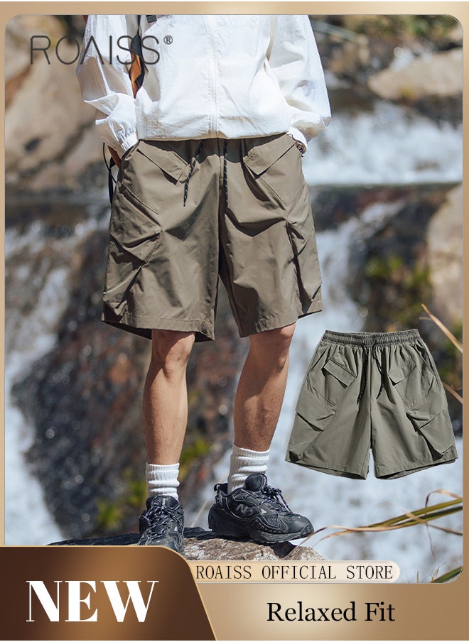 roaiss - Multiple Pockets Outdoor Cargo Shorts for Men Versatile Casual Polyester Fiber Loose Drawstring Beach Shorts Mens Simple Comfortable Breathable Skin-Friendly Sports Half Pants - Image 1