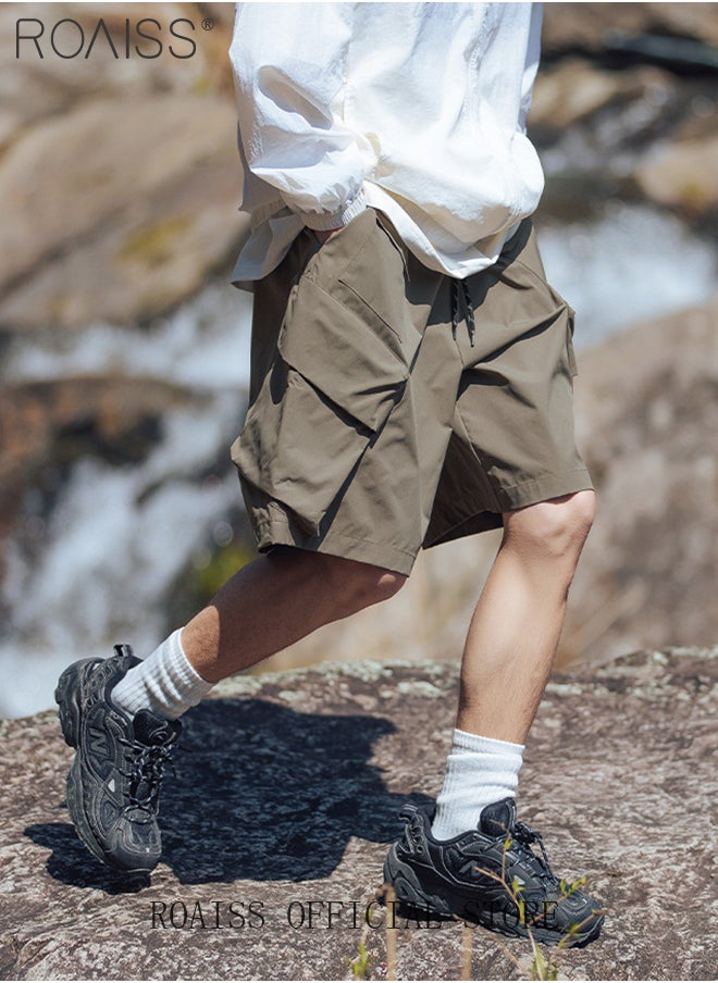 roaiss - Multiple Pockets Outdoor Cargo Shorts for Men Versatile Casual Polyester Fiber Loose Drawstring Beach Shorts Mens Simple Comfortable Breathable Skin-Friendly Sports Half Pants - Image 1