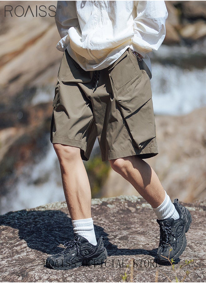 roaiss - Multiple Pockets Outdoor Cargo Shorts for Men Versatile Casual Polyester Fiber Loose Drawstring Beach Shorts Mens Simple Comfortable Breathable Skin-Friendly Sports Half Pants - Image 1