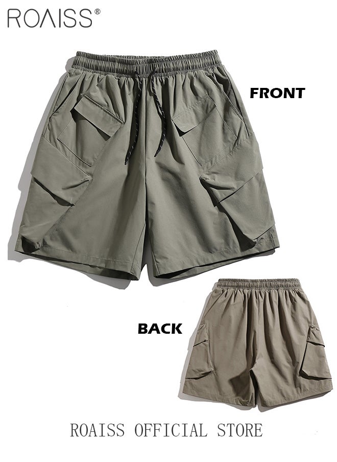 roaiss - Multiple Pockets Outdoor Cargo Shorts for Men Versatile Casual Polyester Fiber Loose Drawstring Beach Shorts Mens Simple Comfortable Breathable Skin-Friendly Sports Half Pants - Image 1