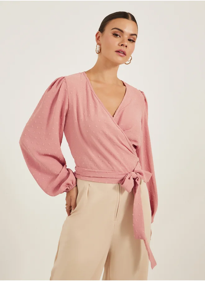 Styli Dobby Balloon Sleeve V-Neck Tie-Up Blouse