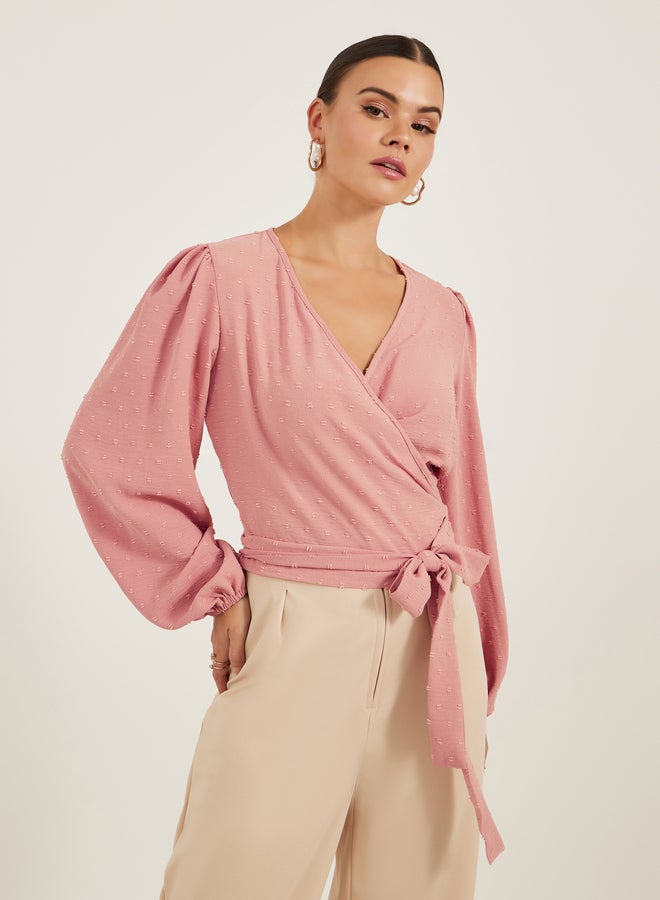 Styli Dobby Balloon Sleeve V-Neck Tie-Up Blouse - Image 1