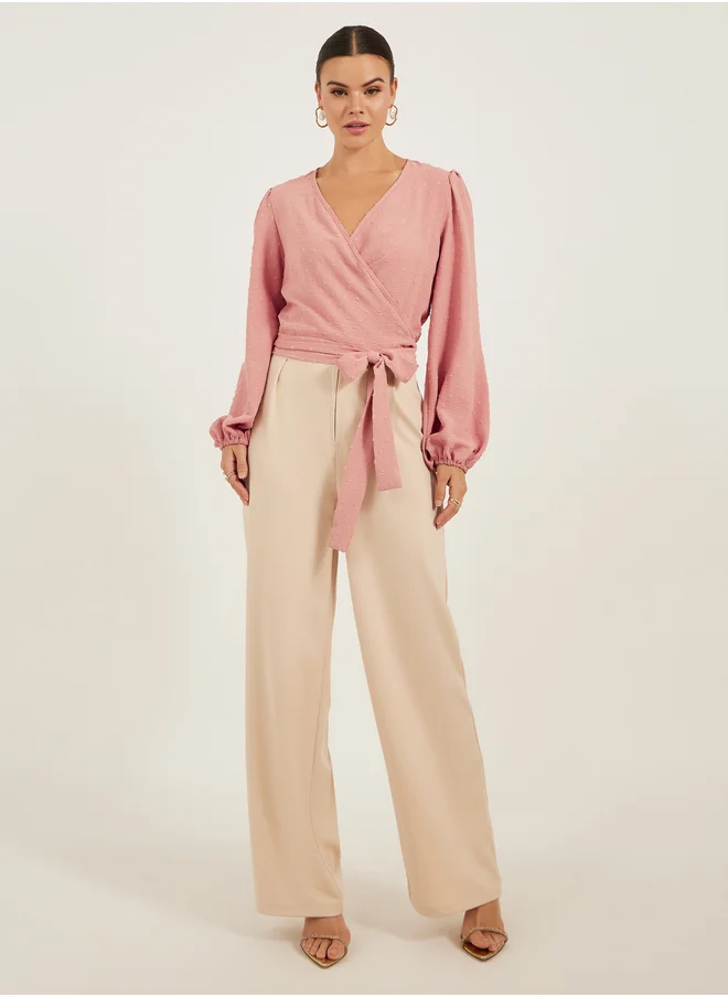 Styli Dobby Balloon Sleeve V-Neck Tie-Up Blouse