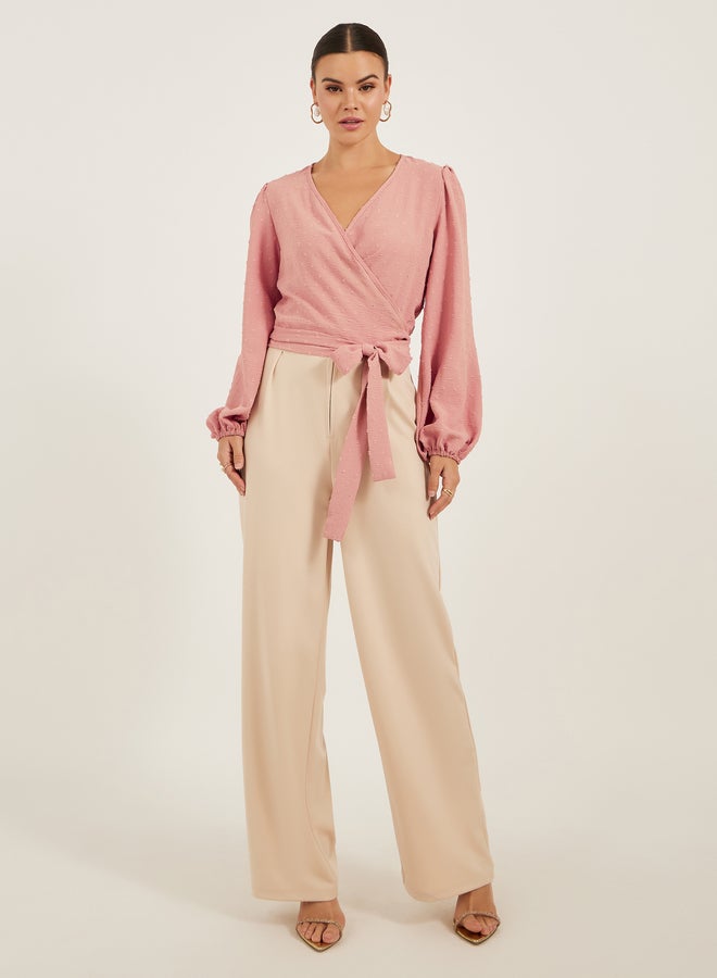 Styli Dobby Balloon Sleeve V-Neck Tie-Up Blouse - Image 2