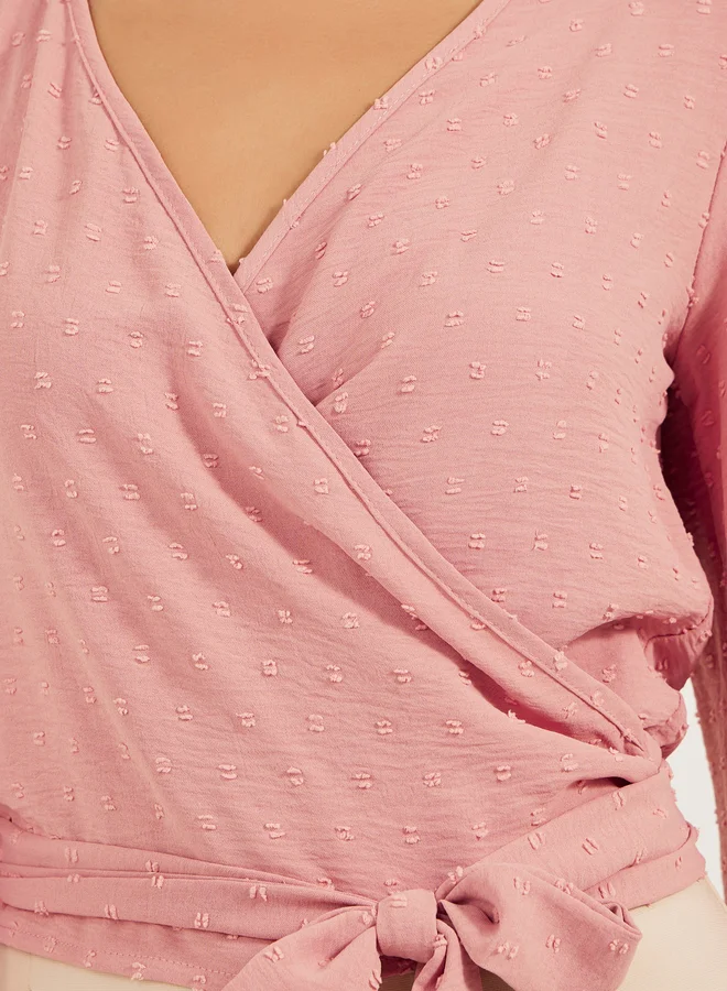 Styli Dobby Balloon Sleeve V-Neck Tie-Up Blouse
