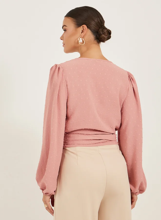 Styli Dobby Balloon Sleeve V-Neck Tie-Up Blouse
