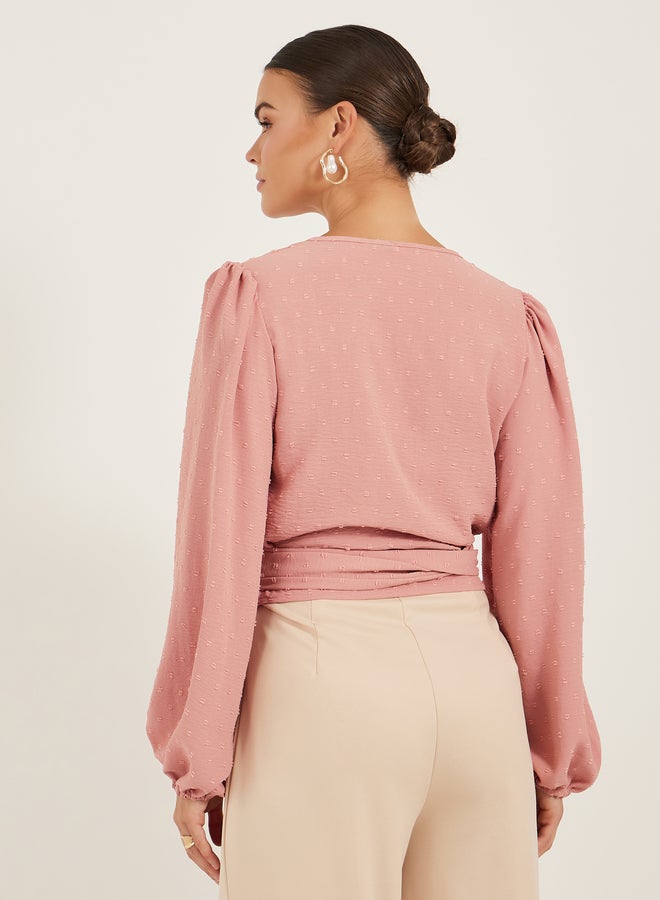 Styli Dobby Balloon Sleeve V-Neck Tie-Up Blouse - Image 4