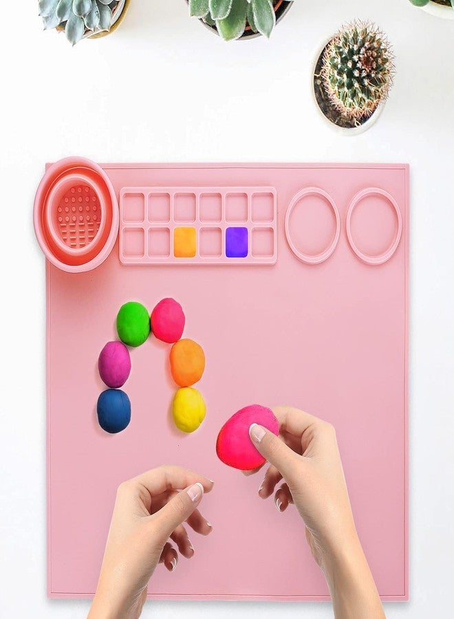 zinley Craft Mat Nonstick Silicone Craft Mats 38 x 43 cm Silicone Craft Mat Washable Art Mat with Cup Craft Paint Brush Cleaner Tool, Artist for Kids Gift Handmade Make Mold and DIY Creations-Pink - Image 3
