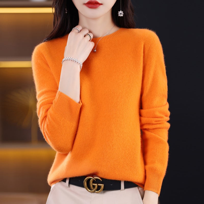 Woolen sweater womens solid color round neck 23 new long sleeve seamless knitted first-line garment wool sweater undershirt Emma Orange