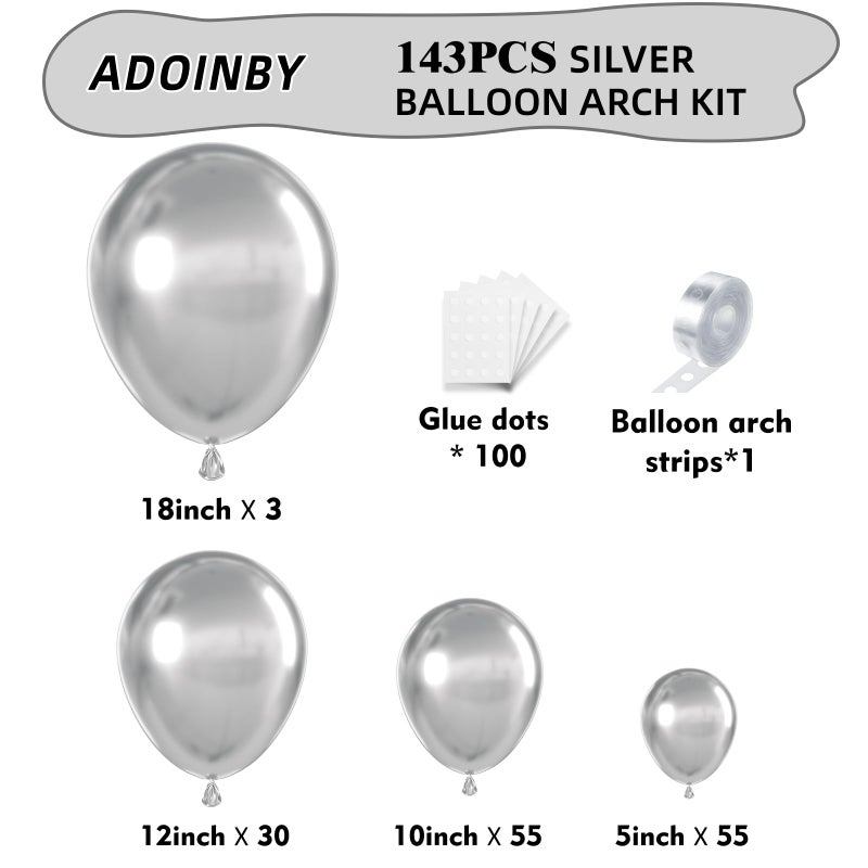 ADOINBY طقم قوس البالونات الفضي ADOINBY، 143 قطعة من بالونات اللاتكس المعدنية الفضية، طقم زينة بالونات بأحجام مختلفة 18 12 10 5 بوصة لحفلات الزفاف، رأس السنة، الذكرى، حفلات استقبال المواليد، حفلات عيد الميلاد - Image 2