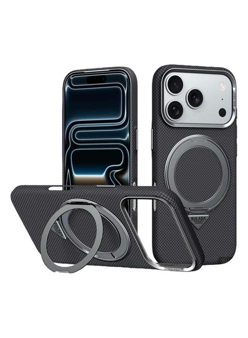 عام **غطاء هاتف من ألياف الكربون، متوافق مع iPhone 17 Pro Max 2025 [يدعم الشحن اللاسلكي] - حافظة رقيقة جدًا من مزيج PC + سبيكة ألومنيوم مضادة للصدمات مع حامل مغناطيسي دوار 360°.**