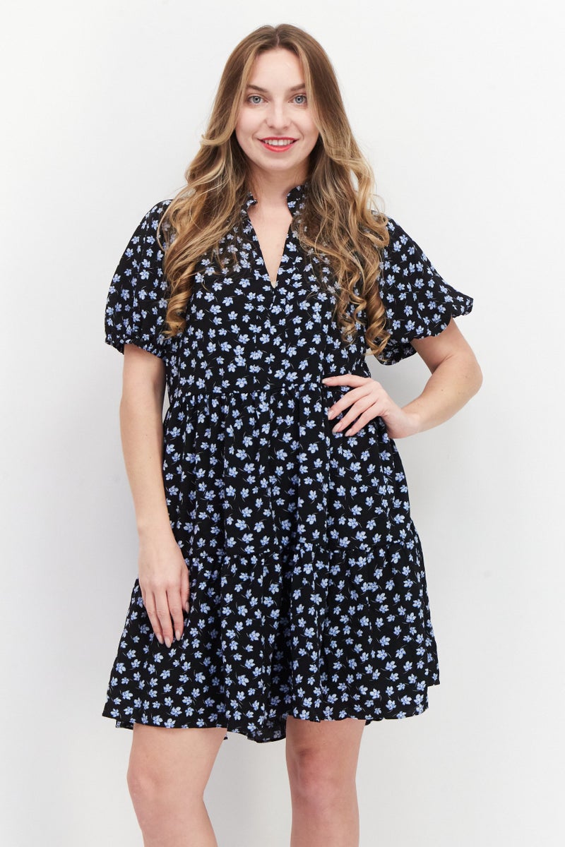CeCe Women Floral Print Mini Casual Shift Dress, Black - Image 1