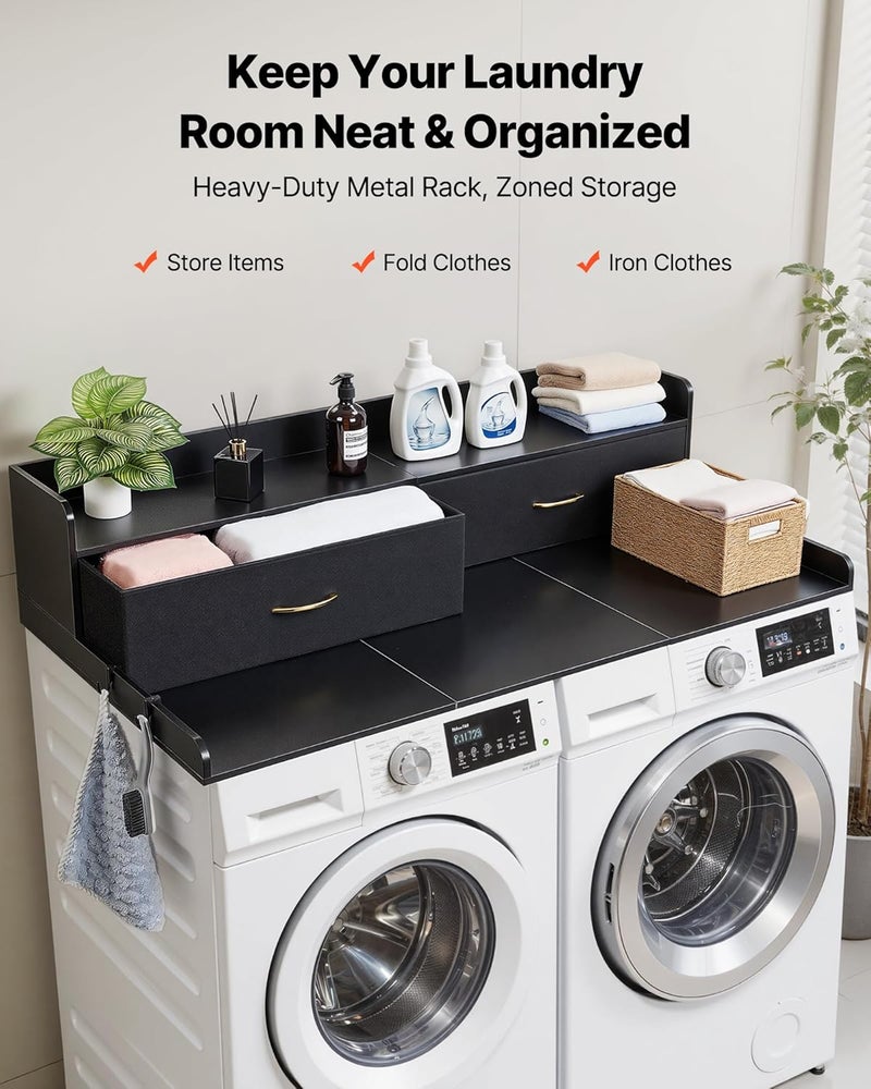 VEVOR 2 Drawers Washer Dryer Countertop with Shelf, 54" x 27" Wooden Laundry Countertop with 2 Hooks & Splicing Panels, Washer and Dryer Topper, Laundry Room Organization and Storage, Black - Image 2