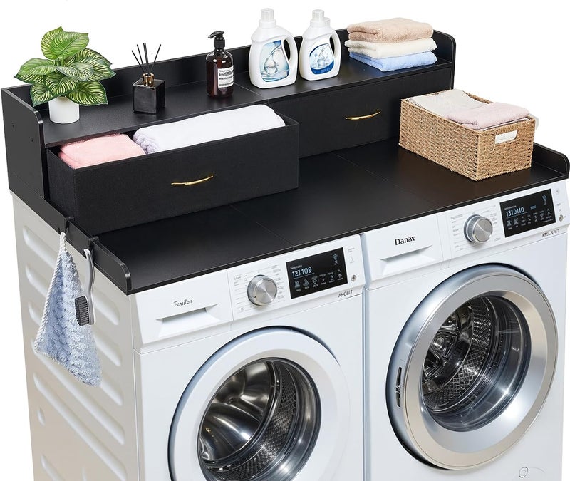 VEVOR 2 Drawers Washer Dryer Countertop with Shelf, 54" x 27" Wooden Laundry Countertop with 2 Hooks & Splicing Panels, Washer and Dryer Topper, Laundry Room Organization and Storage, Black - Image 1