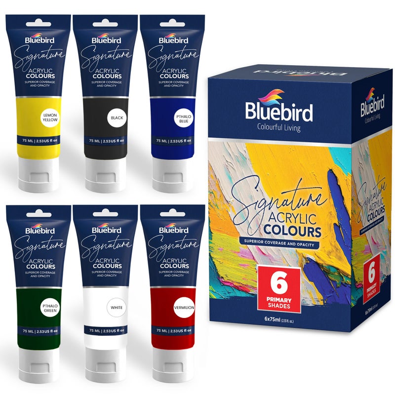 BLUEBIRD Signature Acrylic Paint Set Primary Colors 6Pack 25 Fl Oz Each Professional Acrylic Paints For Professionals Adults Artists