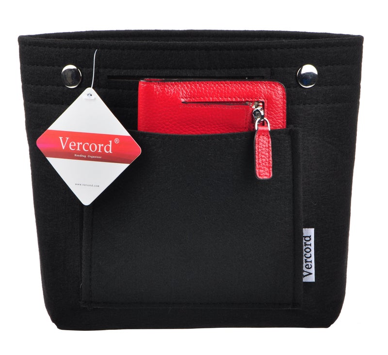 Vercord Mini Slim Small Felt Purse Organizer Insert Inside Handbag Tote Pocketbook for Women Black - Image 2