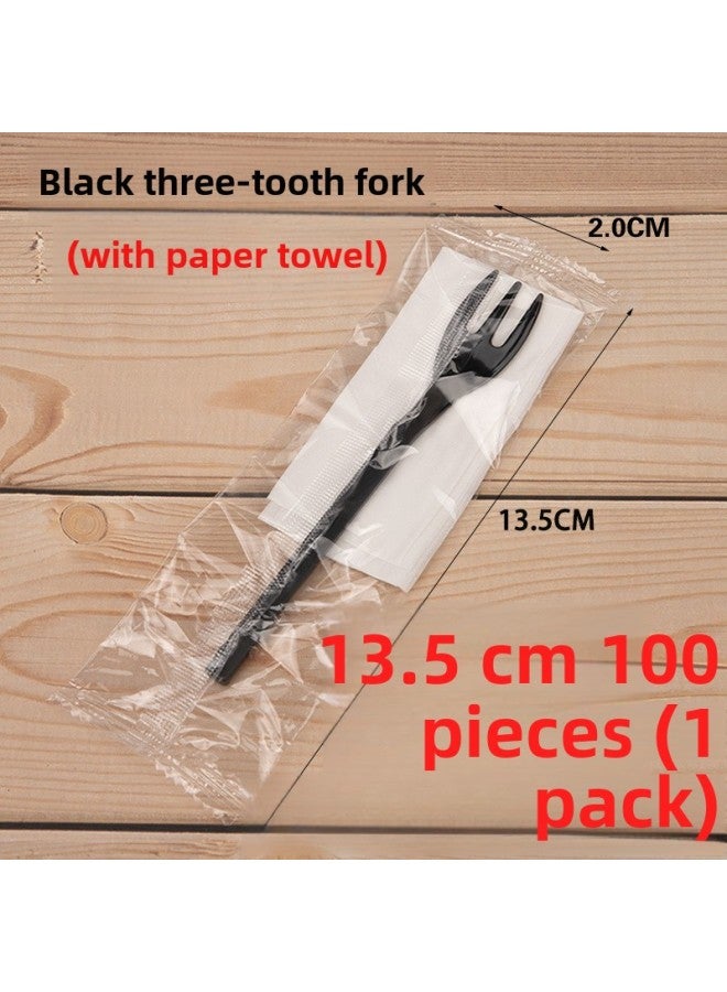 Fruit Fork Disposable Fork Plastic Small Rubber Fork Fruit Sign Cake Fork Fruit Tea Fork Long Handle Independent Packaging-Specifications:13.5cm Black Forks 100 Pieces With Paper Towels  - Image 1
