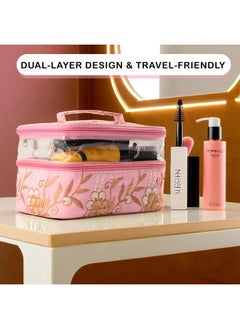 Kuber Industries Travel Storage Organizer | Dual Layer Cosmetic Bag With Handle | Visible Window Jewellery Kit | Toiletries Storage Bag | Travel Makeup Pouch | Embroidery Design | Pink  - Image 4
