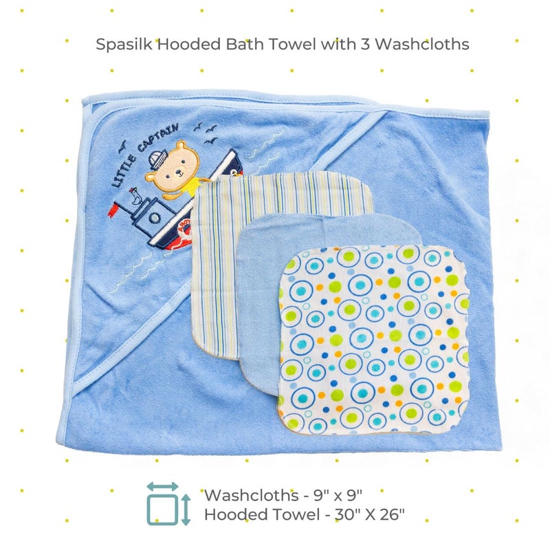 Spasilk Hooded Bath Towel and Washcloths Set for Newborns, 1 Soft Terry Baby Towel and 3 Baby Washcloths, Baby Essentials, Ideal, One Size, Blue Sailor - Image 2