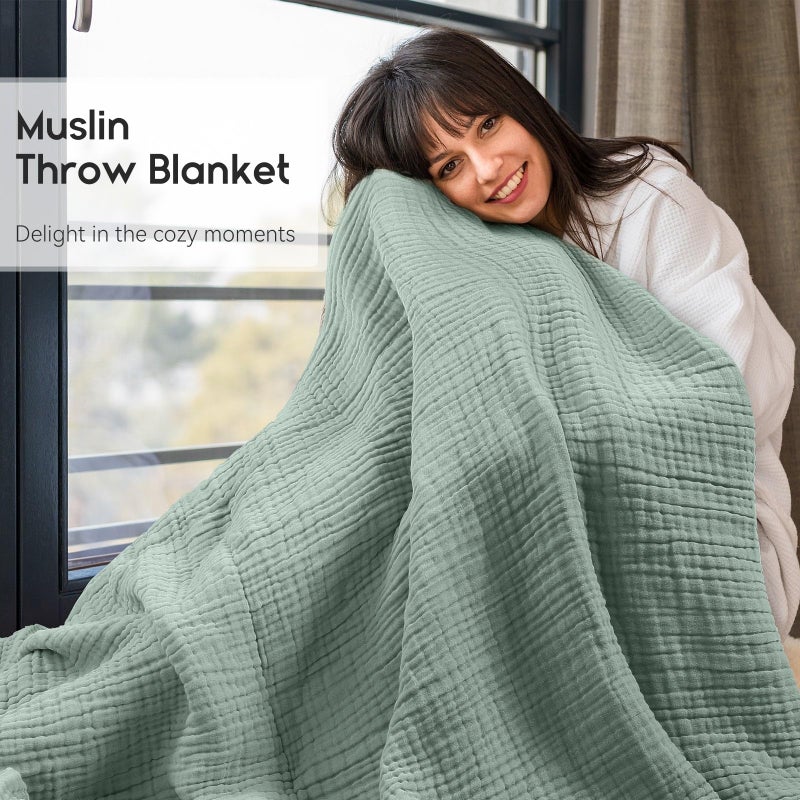 Yoofoss Muslin Blanket 100% Organic Cotton Large Twin Size 60" x 80" for Bed Couch Summer Gauze Blanket for Adults Lightweight and Breathable Dark Green - Image 2