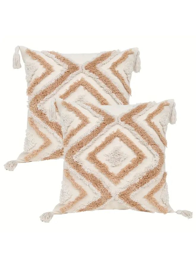Boho Embroidery Tufted Cushion Covers 18x18 Inch Neutral Bohemian Throw Pillow Set of 2 - Image 3