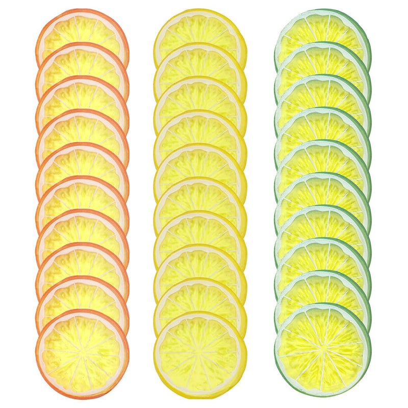 30 PCS Artificial Lemon Slices  Simulation Lemon Slices Plastic Fake Fruit Artificial Lifelike Small Fruit Model for Home Kitchen Table Party Decor Photography Prop Wedding Decoration Mixed Colors