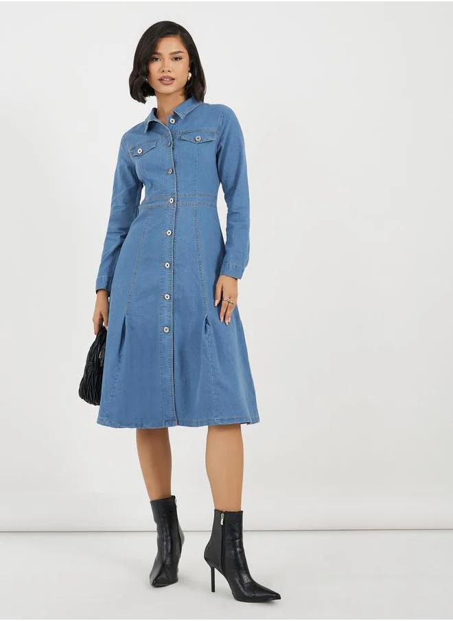 Styli Denim Long Sleeves Shirt Midi Dress