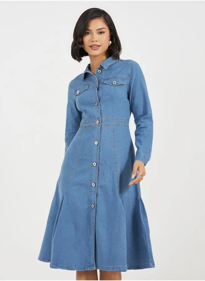 Styli Denim Long Sleeves Shirt Midi Dress