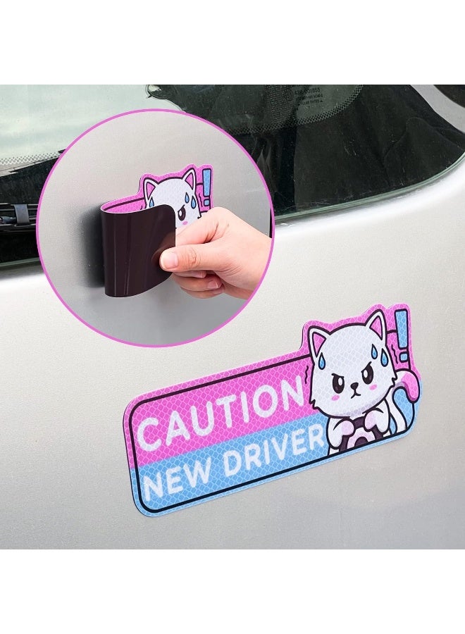 W1cwey 4pcs Cartoon Cat Student Driver Car Magnets – Cute Reflective New Driver Signs, Reusable Bumper Safety Stickers for Teens (Nervous Cat Design) - Image 3