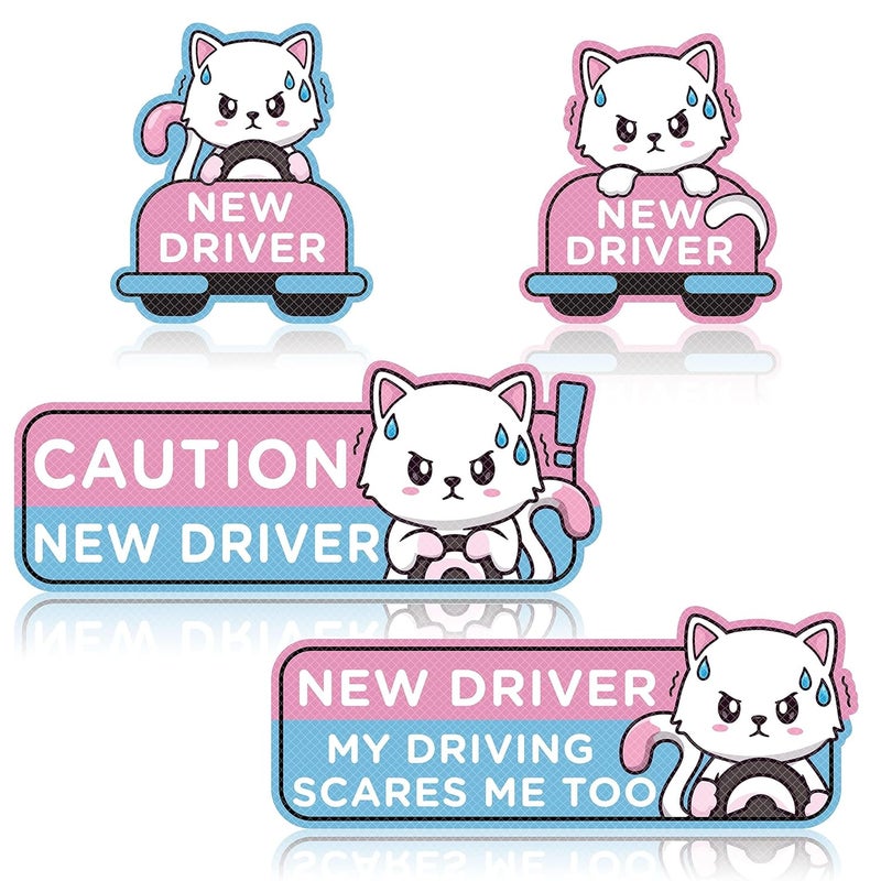 W1cwey 4pcs Cartoon Cat Student Driver Car Magnets – Cute Reflective New Driver Signs, Reusable Bumper Safety Stickers for Teens (Nervous Cat Design) - Image 1
