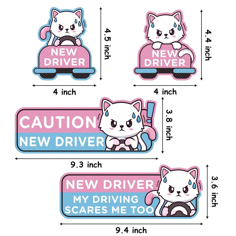 W1cwey 4pcs Cartoon Cat Student Driver Car Magnets – Cute Reflective New Driver Signs, Reusable Bumper Safety Stickers for Teens (Nervous Cat Design) - Image 2