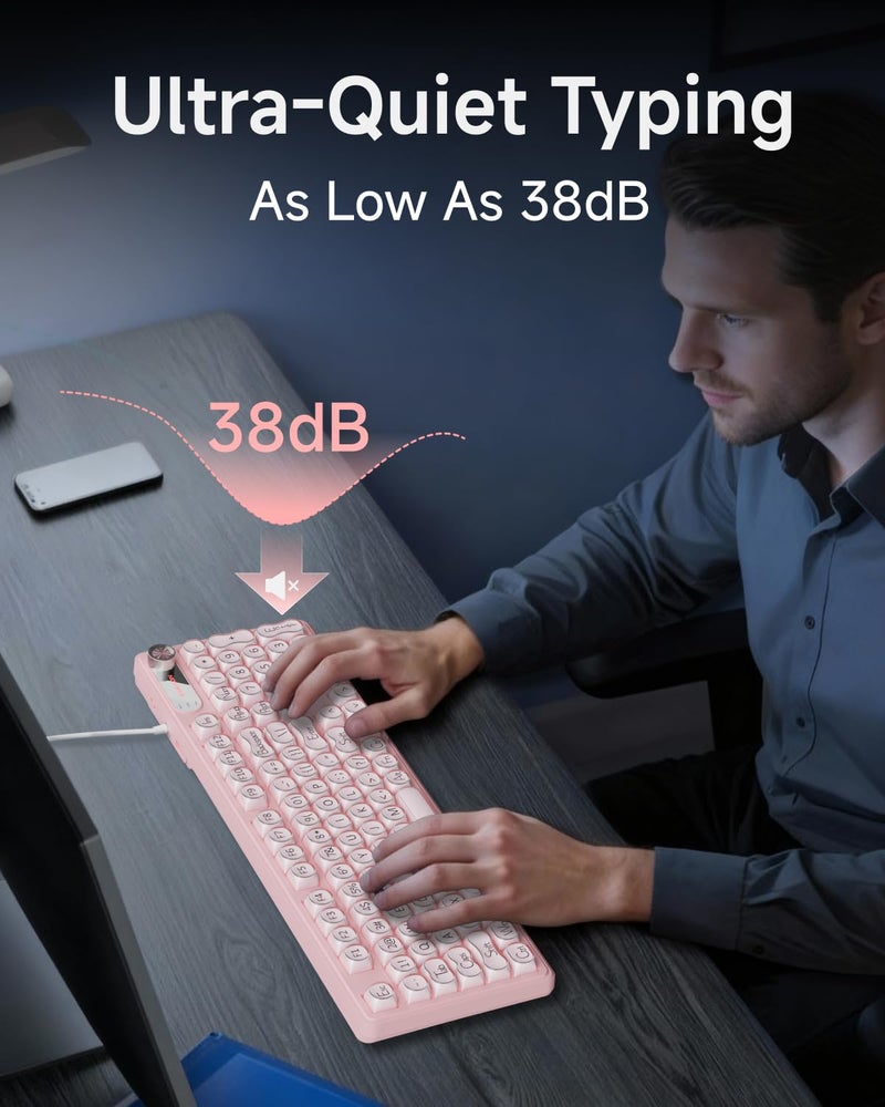 EWEADN V102 Wired Keyboard, 98 Keys Creamy Gaming Keyboard with Number Pad, Display Screen & Media Knob RGB Silent Wired Cute Computer Keyboard for Laptop PC Gamer - Pink - Image 3