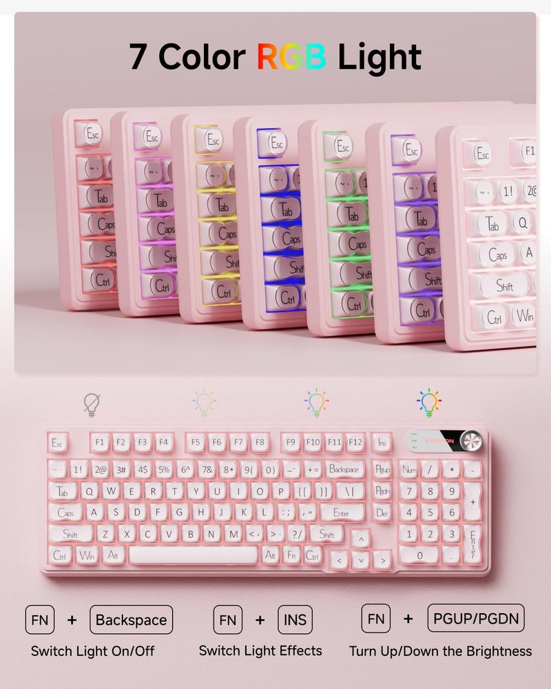 EWEADN V102 Wired Keyboard, 98 Keys Creamy Gaming Keyboard with Number Pad, Display Screen & Media Knob RGB Silent Wired Cute Computer Keyboard for Laptop PC Gamer - Pink - Image 2