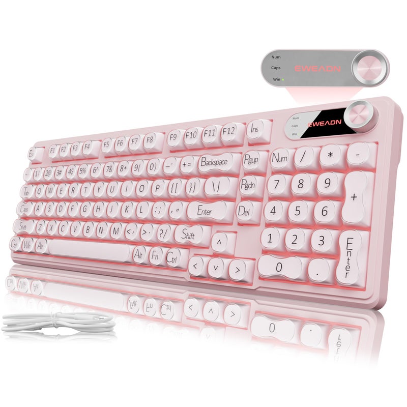 EWEADN V102 Wired Keyboard, 98 Keys Creamy Gaming Keyboard with Number Pad, Display Screen & Media Knob RGB Silent Wired Cute Computer Keyboard for Laptop PC Gamer - Pink - Image 1