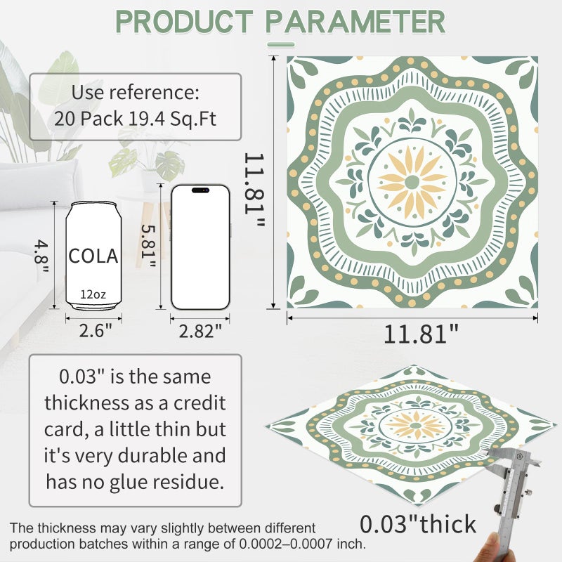 MORCART 20-Pack Peel and Stick Floor Tiles, 11.81" x 11.81" Matte Vinyl Flooring Cover 19.4 Sq. Ft, Self Adhesive Waterproof Tile Sticker, Easy DIY for Bathroom, Kitchen, Bedroom, Wall (Green) - Image 2