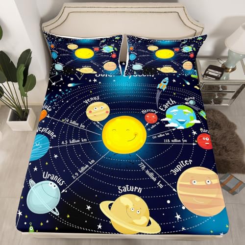 Erosebridal Outer Space Sheet Set Starry Sky Fitted Sheet Twin Size for Kids Boys Girls Room Galaxy Planet Space Bedding Set Children Cartoon Style Blue Bed Sheet Lightweight DecorNo Flat Sheet