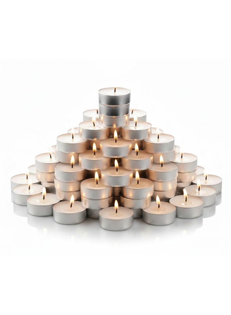 Rymel Candles 100pcs Wax Tea Light Candles  (4+ Hour Burn Time)  – Unscented & Long-Lasting - Image 1