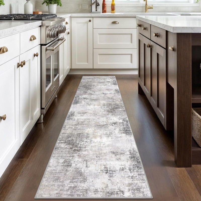 IOHOUZE Abstract Runner Rug 2x8 Ft Washable Runners for Hallways, Non Slip Kitchen Runner Printed Faux Wool Entryway Runner Indoor, Modern Abstract Floor Carpet for Hall Kitchen Bedroom, Grey Beige - Image 2