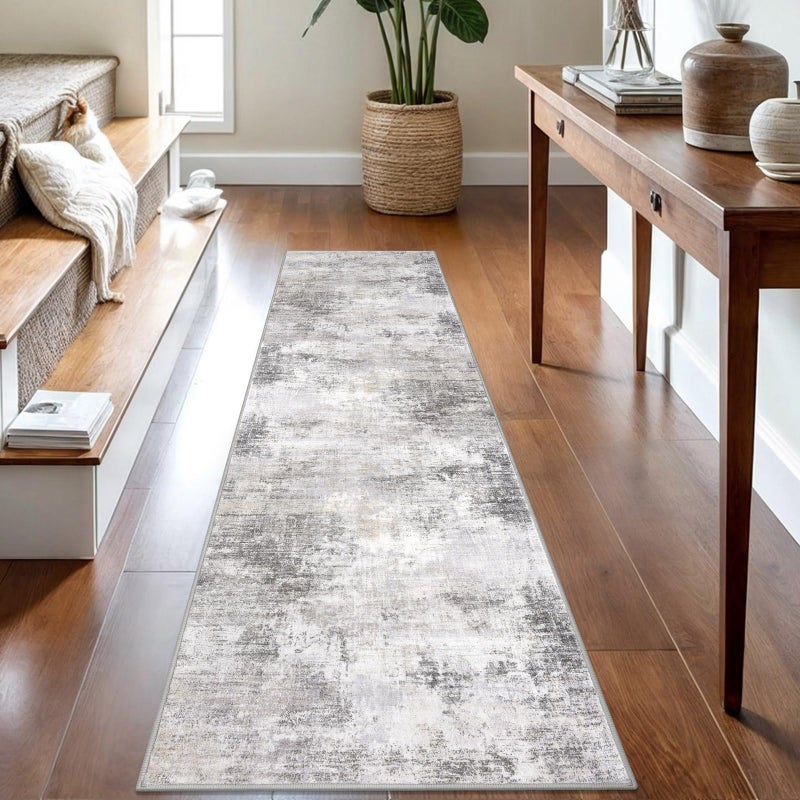 IOHOUZE Abstract Runner Rug 2x8 Ft Washable Runners for Hallways, Non Slip Kitchen Runner Printed Faux Wool Entryway Runner Indoor, Modern Abstract Floor Carpet for Hall Kitchen Bedroom, Grey Beige - Image 1