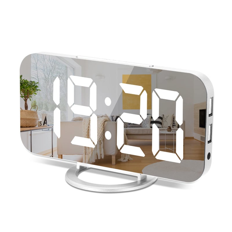Sukeen Digital Alarm Clock6 Large LED Display with Dual USB Charger Ports Auto Dimmer Mode Easy Snooze Function Modern Mirror Desk Wall Clock for Bedroom Home Office for All People White