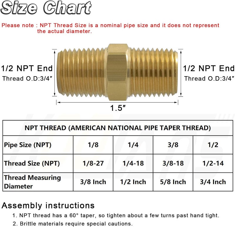 KOOTANS 1/2 NPT x 1/2 NPT Male Solid Brass Hex Nipples, Heavy Brass Pipe Adapter Fittings Equal Nipples Connectors 4Pieces - Image 2