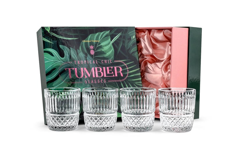 GLASSIQUE CADEAU GLASSIQUE CADEAU Vintage Pineapple Lowball Glasses for Gin and Rum Cocktails  Set of 4  10 oz Heavy Crystal Short Old Fashioned Rocks Tumblers for Bar Drinks  Tropical Glassware Collection