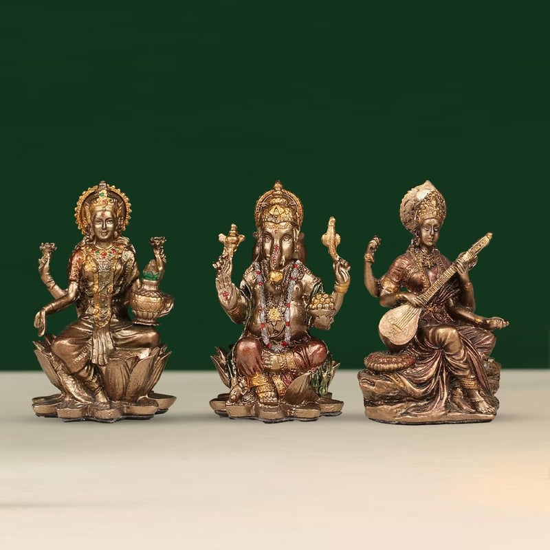 Profound Craft مجسمات الآلهة الهندوسية غانيش ولاكشمي وساراسواتي من الراتنج - مجموعة من 3 قطع للديكور المقدس والعبادة - Image 1