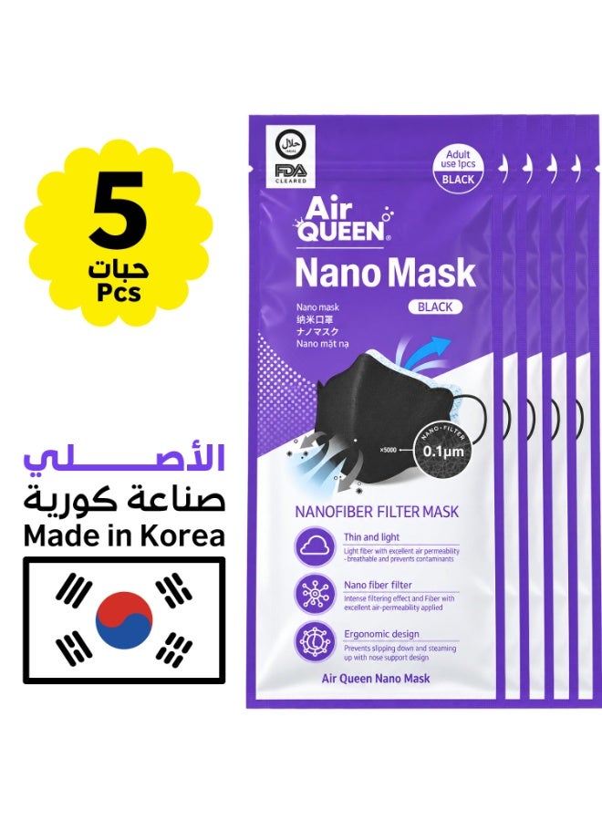 Air QUEEN [5-Pack] Air Queen Mask - Made in Korea - Reusable Face Mask - Black Color - Premium Soft Nano-Filter Face Masks with 3-Layer Air Filtration Protection - Suitable for Adults & Children - Each Mask Individually Wrapped - Image 1