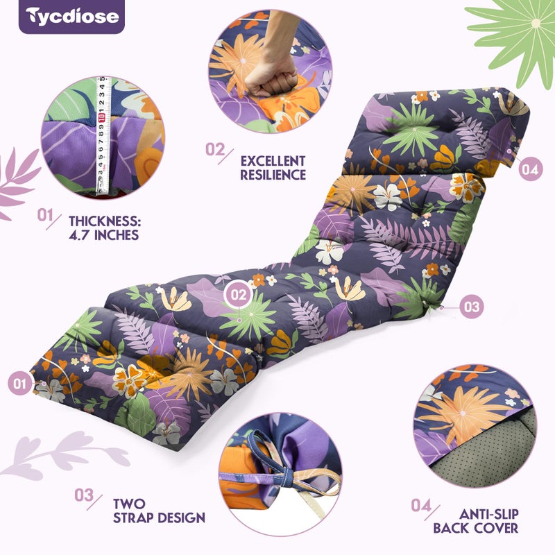 Tycdiose Outdoor Chaise Lounge Chair Cushion Waterproof 74.4 x 22 x 4.7 Inches Thickened Memory Foam Patio Lounge Chair Cushions Replacement for Outdoor Furniture with Ties, Purple Floral Leaf - Image 5