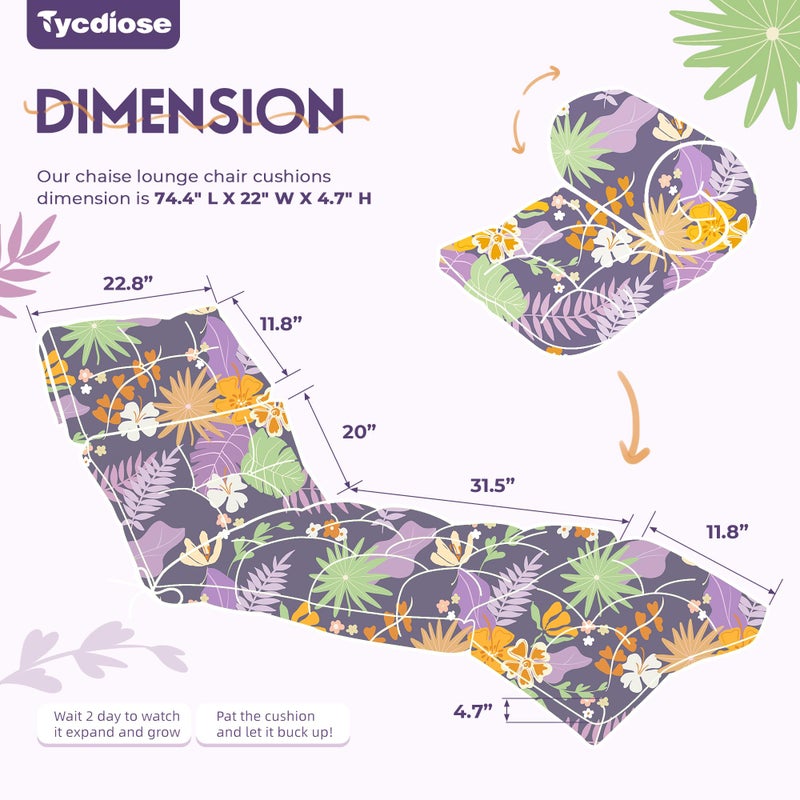 Tycdiose Outdoor Chaise Lounge Chair Cushion Waterproof 74.4 x 22 x 4.7 Inches Thickened Memory Foam Patio Lounge Chair Cushions Replacement for Outdoor Furniture with Ties, Purple Floral Leaf - Image 3