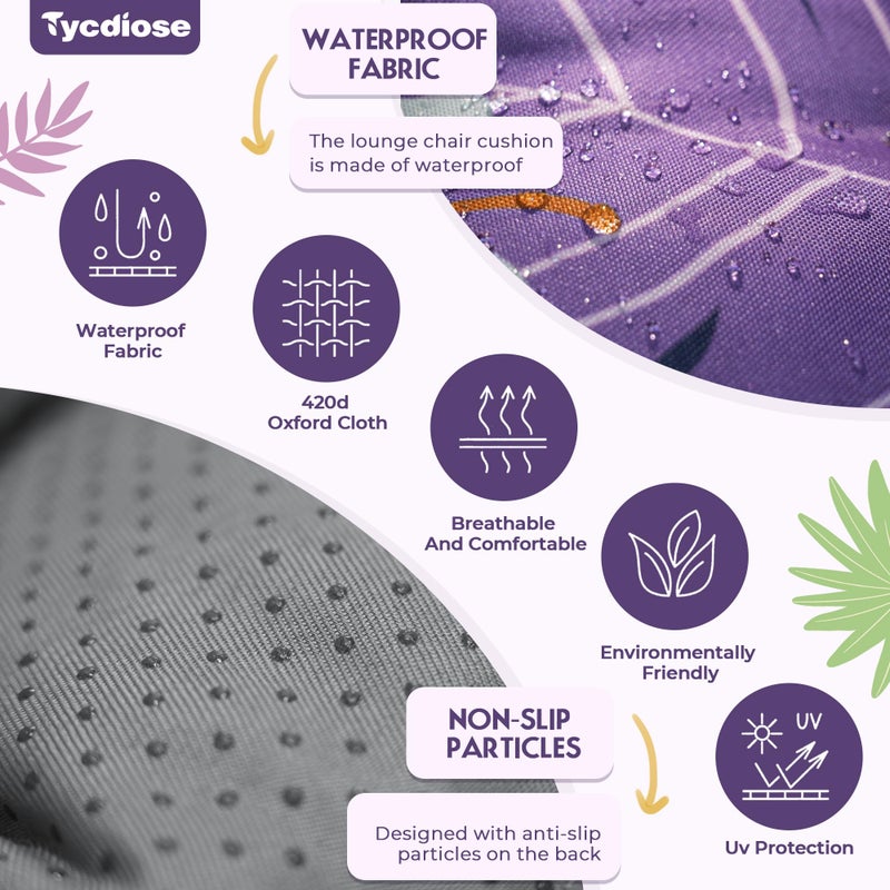 Tycdiose Outdoor Chaise Lounge Chair Cushion Waterproof 74.4 x 22 x 4.7 Inches Thickened Memory Foam Patio Lounge Chair Cushions Replacement for Outdoor Furniture with Ties, Purple Floral Leaf - Image 4